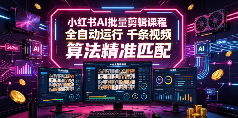 小红书AI批量剪辑课程，24小时全自动运行，解放双手专注运营，千条视频批量处理，小红书算法精准匹配-孔明聊项目