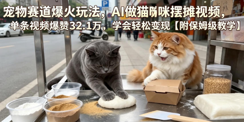 宠物赛道爆火玩法,AI做猫咪摆摊视频,单条视频爆赞32.1万,学会轻松变现【附保姆级教学】-孔明聊项目