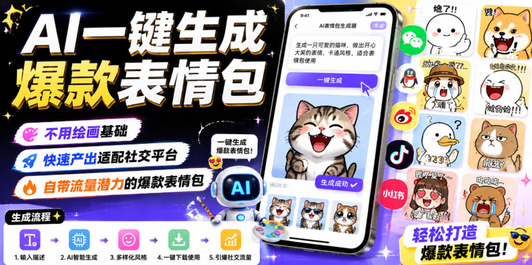 AI一键生成爆款表情包，不用绘画基础，快速产出适配社交平台，自带流量潜力的爆款表情包-孔明聊项目