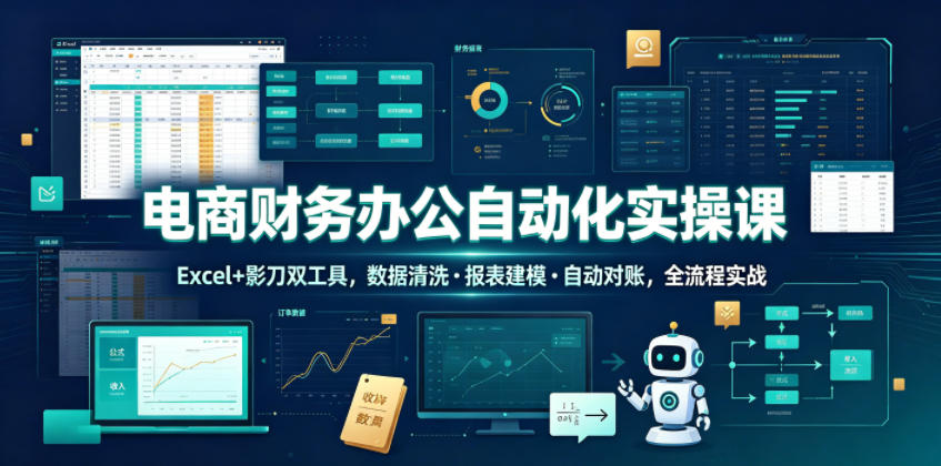 电商财务办公自动化实操课，Excel+影刀双工具，数据清洗・报表建模・自动对账，全流程实战-孔明聊项目