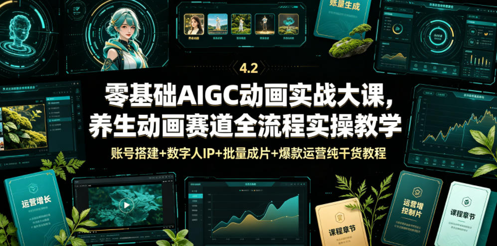 零基础AIGC动画实战大课，养生动画赛道全流程实操教学，账号搭建+数字人IP+批量成片+爆款运营纯干货教程-孔明聊项目