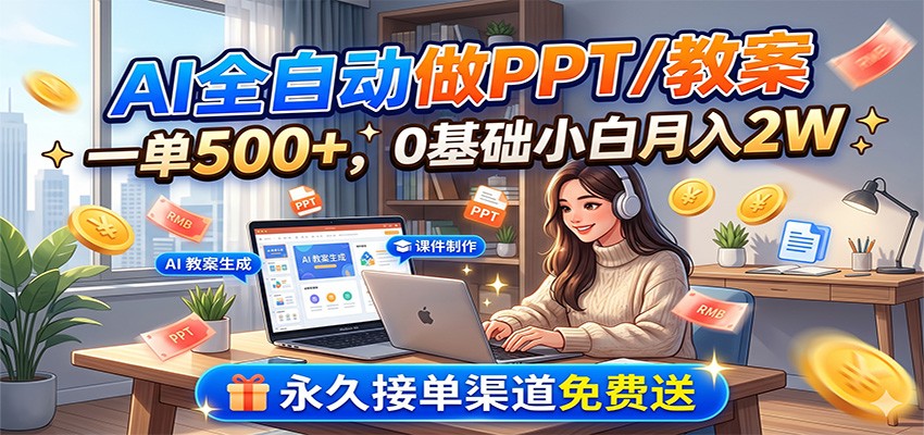 AI全自动做PPT/教案，一单500+，0基础小白月入2W，永久接单渠道免费送-孔明聊项目