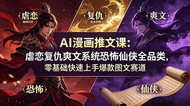 AI漫画推文课：虐恋复仇爽文系统恐怖仙侠全品类，零基础快速上手爆款图文赛道-孔明聊项目