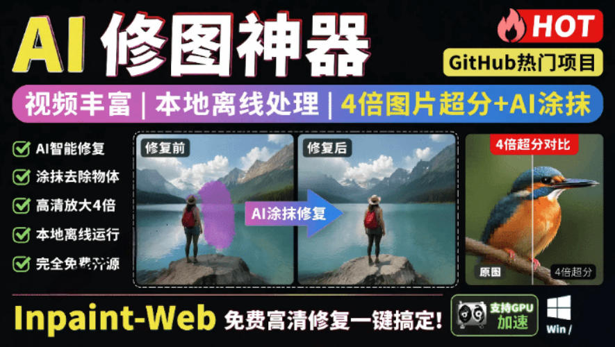 本地离线处理，4倍图片超分+AI涂抹去水印！Github上热门神器，免费高清修复图一键搞定！Inpaint-Web-孔明聊项目