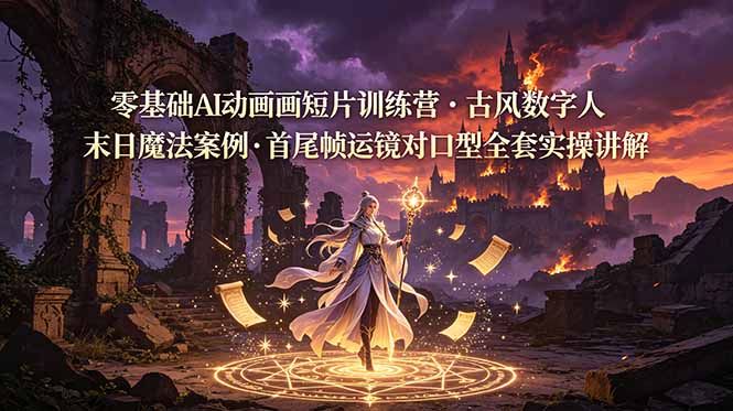 零基础AI动画短片训练营，古风数字人末日魔法案例，首尾帧运镜对口型全套实操讲解-孔明聊项目