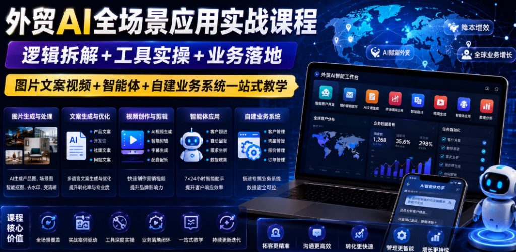 外贸AI全场景应用实战课程｜逻辑拆解+工具实操+业务落地，图片文案视频+智能体+自建业务系统一站式教学-孔明聊项目
