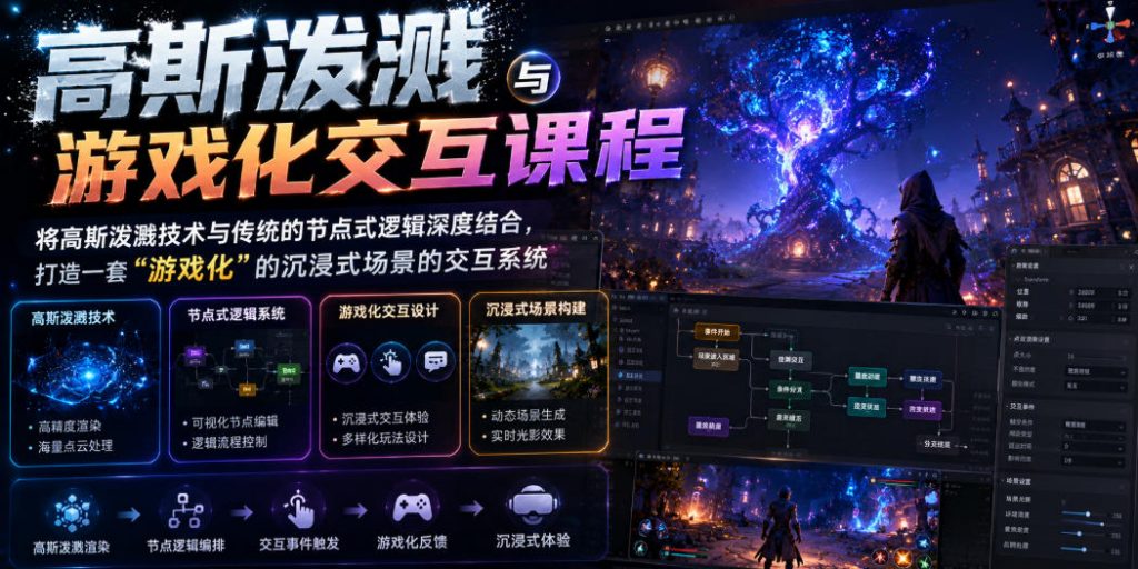 高斯泼溅与游戏化交互课程，将高斯泼溅技术与传统的节点式逻辑深度结合，打造一套“游戏化”的沉浸式场景的交互系统-孔明聊项目