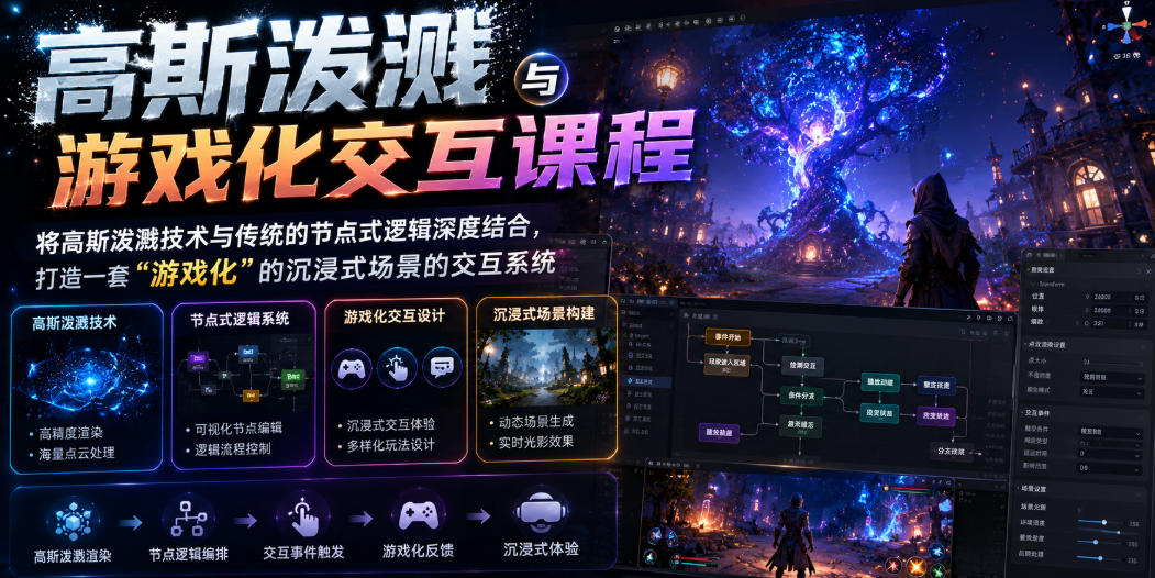 高斯泼溅与游戏化交互课程，将高斯泼溅技术与传统的节点式逻辑深度结合，打造一套“游戏化”的沉浸式场景的交互系统-孔明聊项目