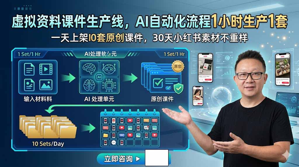 虚拟资料课件生产线，AI自动化流程1小时生产1套，一天上架10套原创课件，30天小红书素材不重样-孔明聊项目