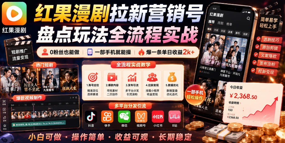 红果漫剧拉新营销号盘点玩法全流程实战，0粉丝也能做，一部手机就能做，爆一条单日收益2k+(更新0628)-孔明聊项目
