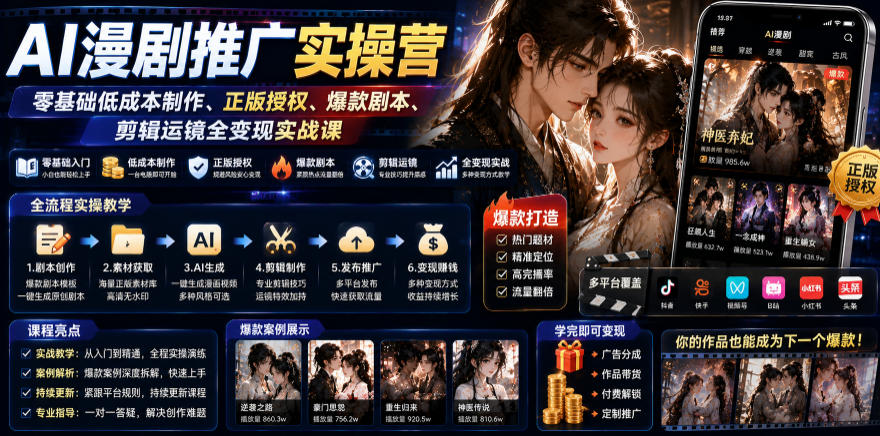 AI漫剧推广实操营｜零基础低成本制作、正版授权、爆款剧本、剪辑运镜全变现实战课-孔明聊项目