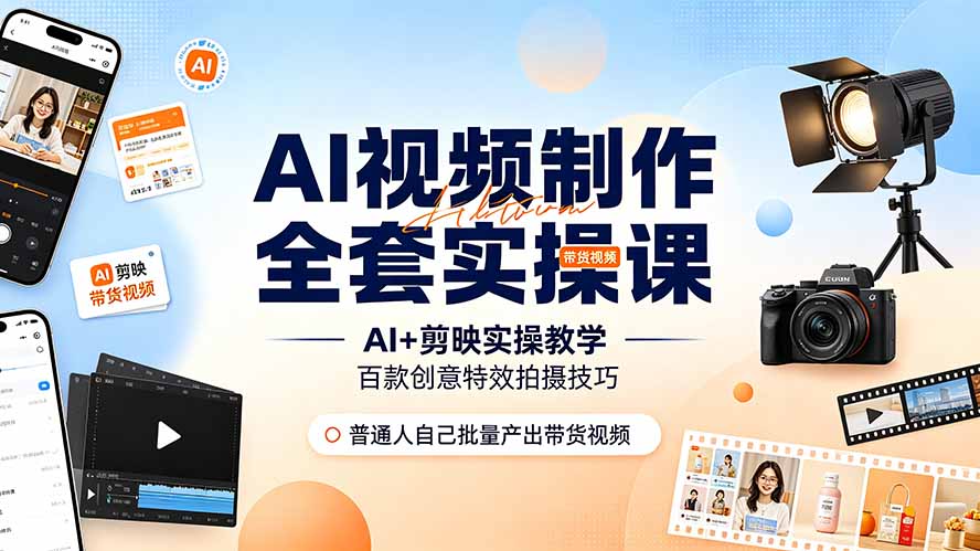 AI视频制作全套实操课，多款AI工具搭配剪映教学，百种特效运镜拍摄实操，抖音账号带货运营全覆盖-孔明聊项目