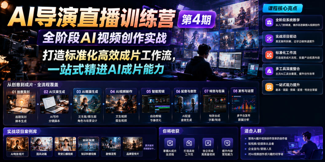 AI导演直播训练营第4期｜全阶段AI视频创作实战，打造标准化高效成片工作流，一站式精进AI成片能力-孔明聊项目