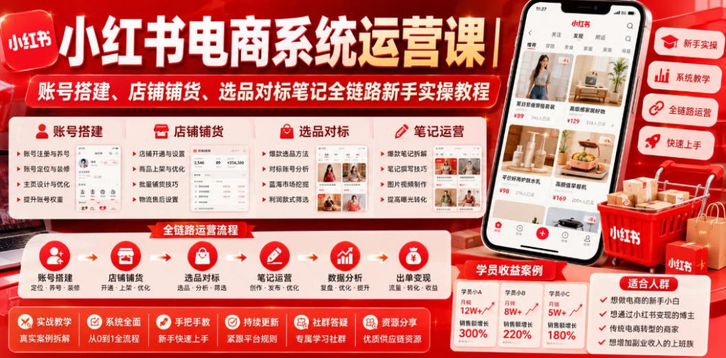 小红书电商系统运营课|账号搭建、店铺铺货、选品对标笔记全链路新手实操教程-孔明聊项目