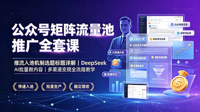公众号矩阵流量池推广全套课，推流入池机制选题标题详解，DeepSeek AI批量做内容，多渠道变现全流程教学-孔明聊项目