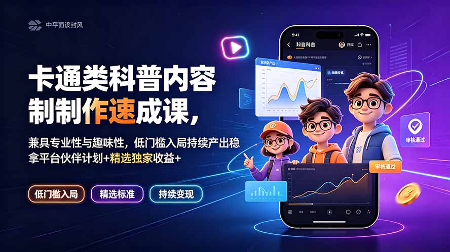 卡通类科普内容制作速成课，兼具专业性与趣味性，低门槛入局持续产出稳拿平台伙伴计划+精选独家收益-孔明聊项目