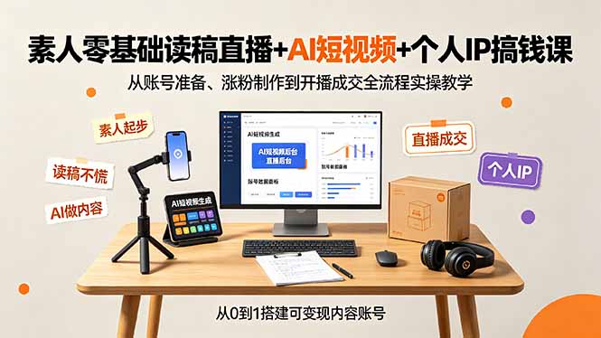 素人零基础读稿直播+AI短视频+个人IP搞钱课，从账号准备、涨粉制作到开播成交全流程实操教学-孔明聊项目