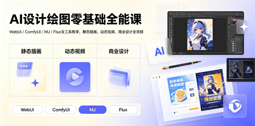 AI设计绘图零基础全能课｜WebUI/ComfyUI/MJ/Flux全工具教学，静态插画、动态视频、商业设计全流程-孔明聊项目