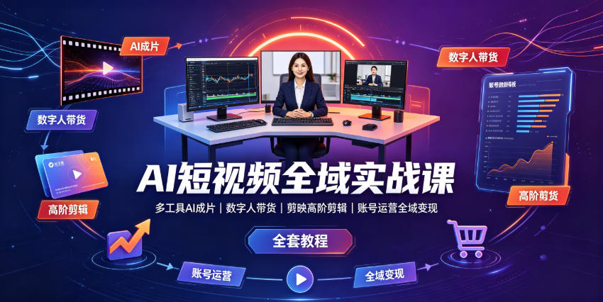 AI短视频全域实战课｜多工具AI成片、数字人带货、剪映高阶剪辑、账号运营全域变现全套教程-孔明聊项目