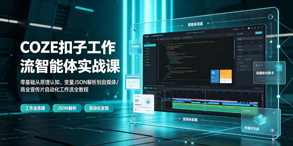 COZE扣子工作流智能体实战课｜零基础从原理认知、变量JSON解析到自媒体/商业宣传片自动化工作流全教程-孔明聊项目