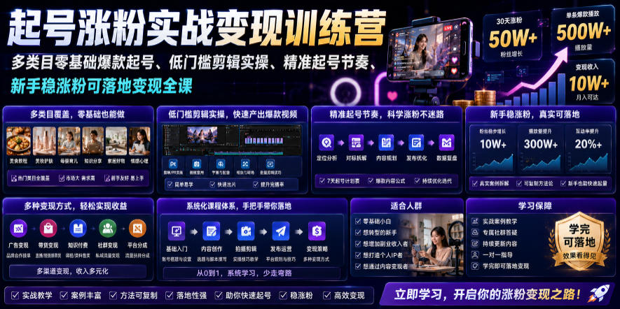 苗子起号涨粉实战变现训练营，多类目零基础爆款起号、精准起号节奏、新手稳涨粉可落地变现全课-孔明聊项目