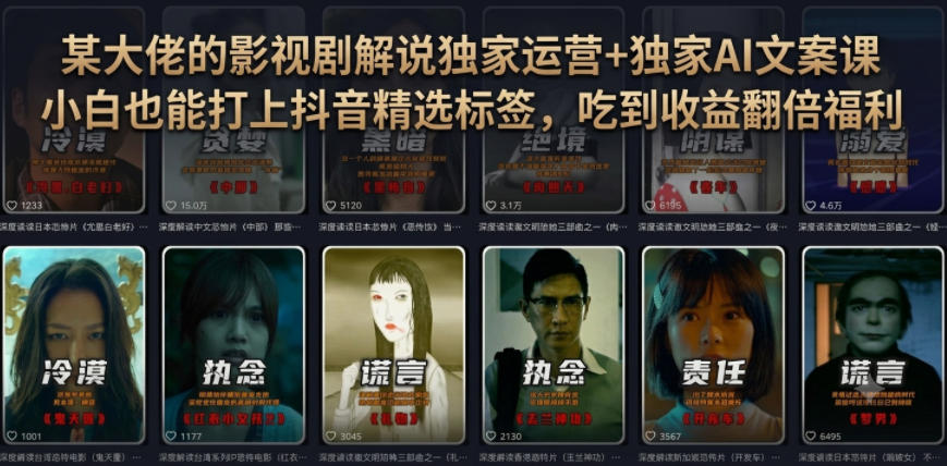 某大佬的影视剧解说独家运营+独家AI文案课，小白0粉丝也能快速打上抖音精选标签、吃到收益翻倍福利-孔明聊项目
