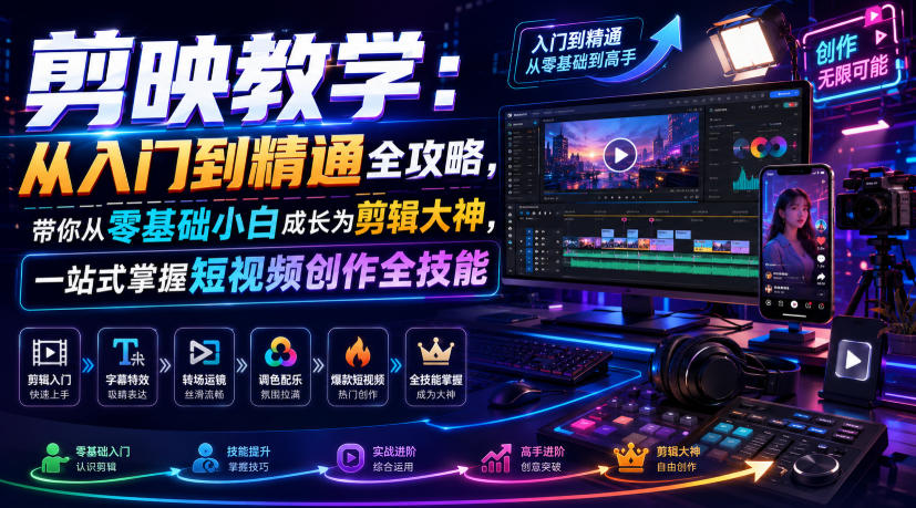剪映教学：从入门到精通全攻略，带你从零基础小白成长为剪辑大神，一站式掌握短视频创作全技能-孔明聊项目
