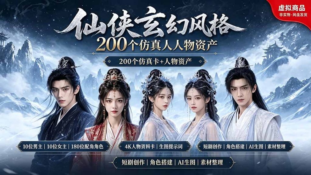200个仙侠玄幻仿真人素材◆10男主×10女主×180配角，4K资料卡+AI生图提示词，漫剧必备-孔明聊项目