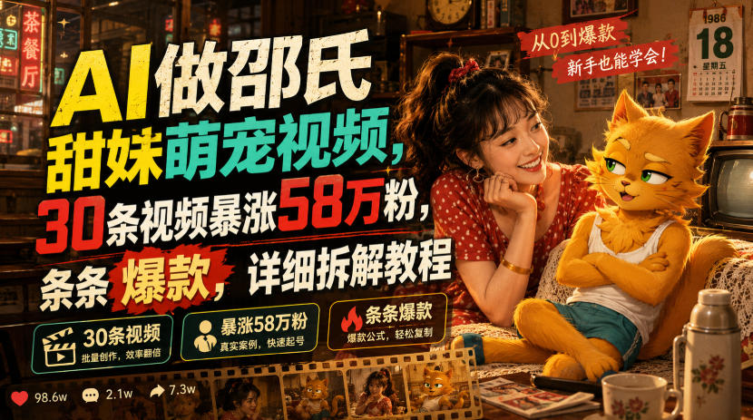 AI做邵氏甜妹萌宠视频，30条视频暴涨58万粉，条条爆款，详细拆解教程-孔明聊项目