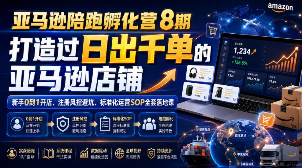 亚马逊陪跑孵化营8期，打造过日出千单的亚马逊店铺，新手0到1开店、注册风控避坑、标准化运营SOP全套落地课-孔明聊项目