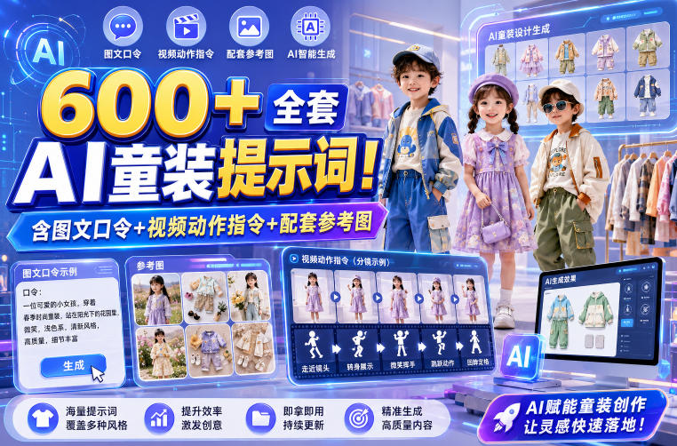 600+全套AI童装提示词!含图文口令+视频动作指令+配套参考图,Word-Excel规整分类,童装电商、种草无脑量产内容!-孔明聊项目