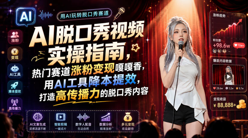 AI脱口秀视频实操指南,热门赛道涨粉变现嘎嘎香,用AI工具降本提效,打造高传播力的脱口秀内容-孔明聊项目