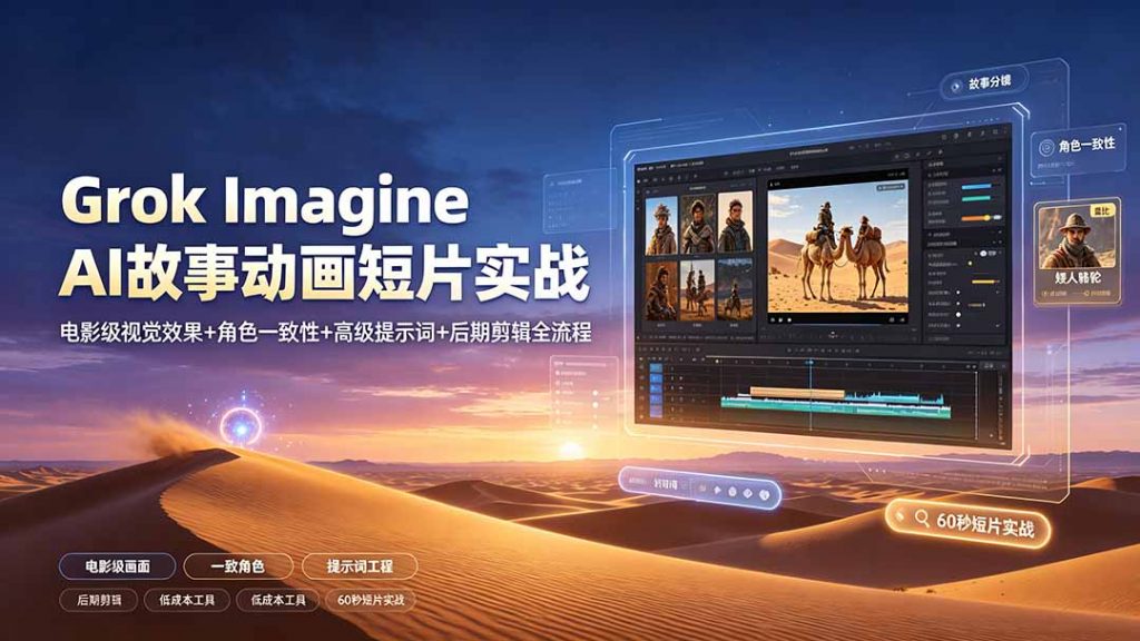 Grok Imagine AI故事动画短片实战:电影级视觉效果+角色一致性+高级提示词+后期剪辑全流程-孔明聊项目