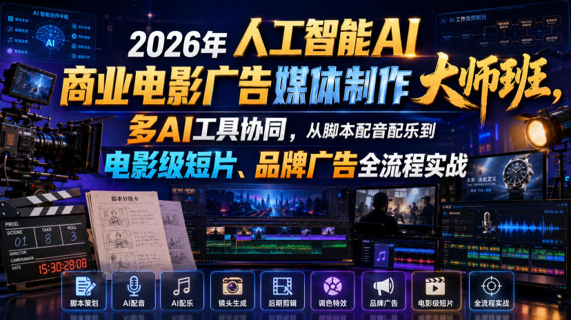 2026年人工智能AI商业电影广告媒体制作大师班，多AI工具协同，从脚本配音配乐到电影级短片、品牌广告全流程实战(中英字幕)-孔明聊项目