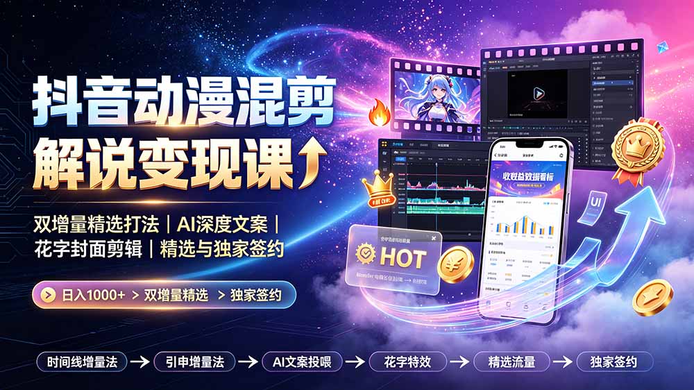 抖音动漫混剪解说变现课：双增量精选打法｜AI深度文案｜花字封面剪辑｜ 精选与独家签约日入1000+-孔明聊项目