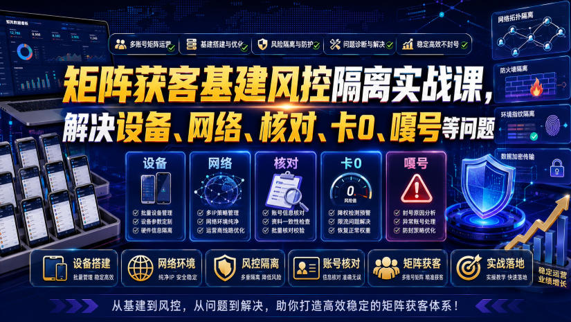 矩阵获客基建风控隔离实战课，解决设备、网络、核对、卡0、嘎号等问题-孔明聊项目