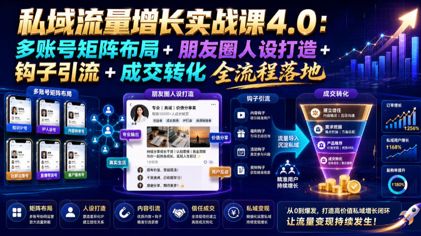 私域流量增长实战课4.0：多账号矩阵布局+朋友圈人设打造+钩子引流+成交转化全流程落地-孔明聊项目