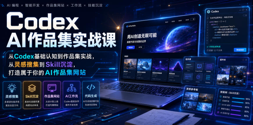 Codex AI作品集实战课，从Codex基础认知到作品集实战，从灵感搜集到Skill沉淀，打造属于你的AI作品集网站-孔明聊项目