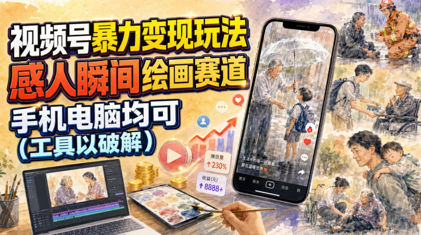 视频号暴力变现玩法，感人瞬间绘画赛道，手机电脑均可-孔明聊项目