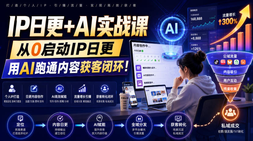 IP日更+AI实战课，从0启动IP日更，IP置顶视频制作+100条选题库搭建+10条日更规划，用AI跑通内容获客闭环!-孔明聊项目