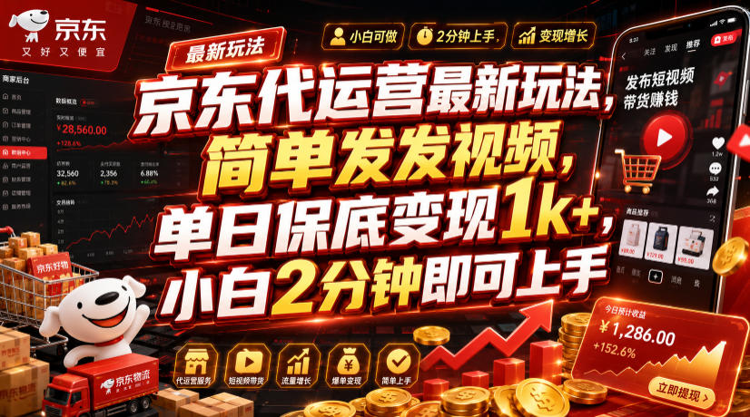 京东代运营最新玩法，简单发发视频，单日保底变现1k+，小白2分钟即可上手【揭秘】-孔明聊项目