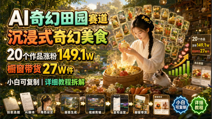 AI奇幻田园赛道，沉浸式奇幻美食，20个作品涨粉149.1W，橱窗带货27W件，小白可复制，详细教程拆解-孔明聊项目