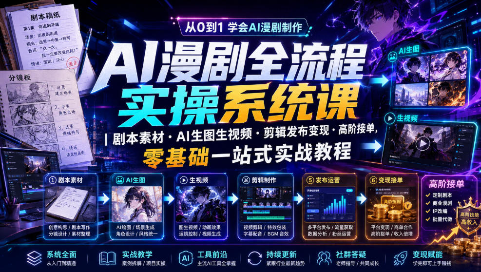 AI漫剧全流程实操系统课｜剧本素材・AI生图生视频・剪辑发布变现・高阶接单，零基础一站式实战教程-孔明聊项目