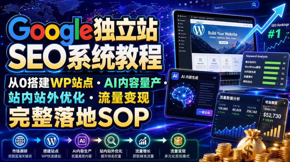 Google独立站SEO系统教程，从0搭建WP站点・AI内容量产・站内站外优化・流量变现完整落地SOP(2026年7月)-孔明聊项目