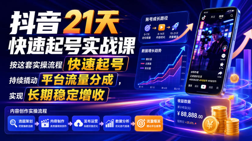 抖音21天快速起号实战课，按这套实操流程快速起号，持续撬动平台流量分成，实现长期稳定增收-孔明聊项目