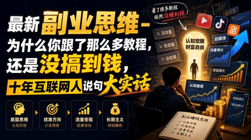 最新副业思维-为什么你跟了那么多教程，还是没搞到钱，十年互联网人说句大实话【揭秘】-孔明聊项目
