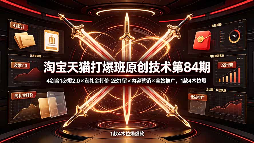 淘宝天猫打爆班原创技术第84期：4剑合1必爆2.0×淘礼金打价×2改1留×内容营销×全站推广，1款4术拉爆-孔明聊项目