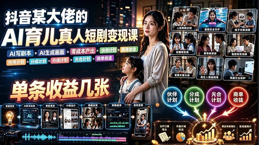 AI育儿真人短剧变现课:AI写剧本×AI生成画面×零成本产出×伙伴计划×分成计划×光合计划×商单收徒-孔明聊项目