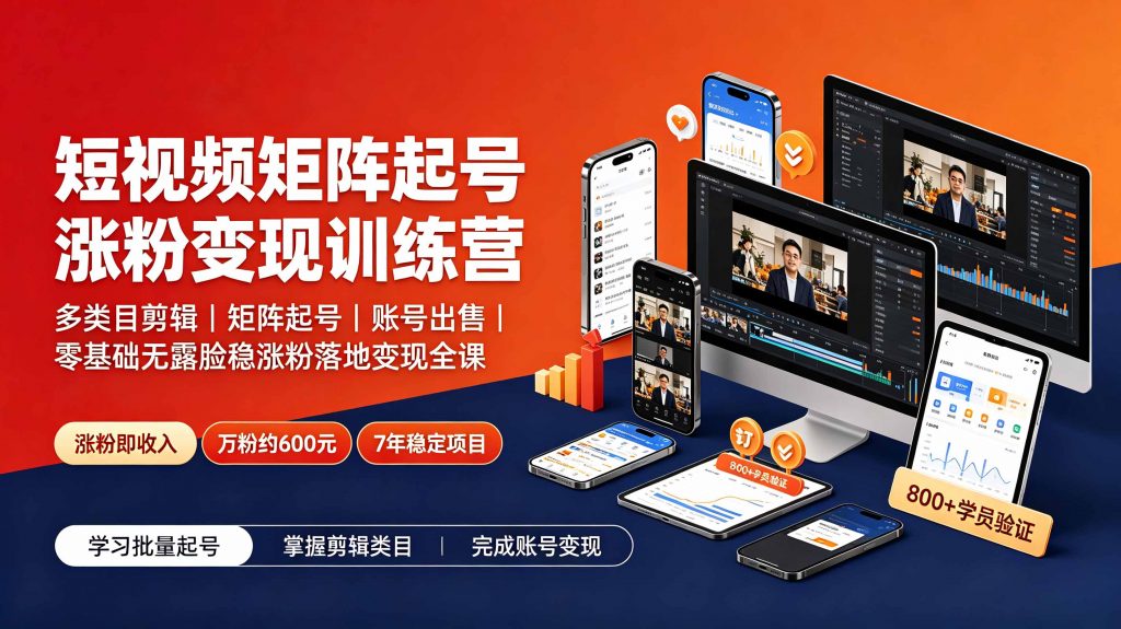 短视频矩阵起号涨粉变现训练营|多类目剪辑·矩阵起号·账号出售,0基础无露脸稳涨粉落地变现全课-更新-孔明聊项目
