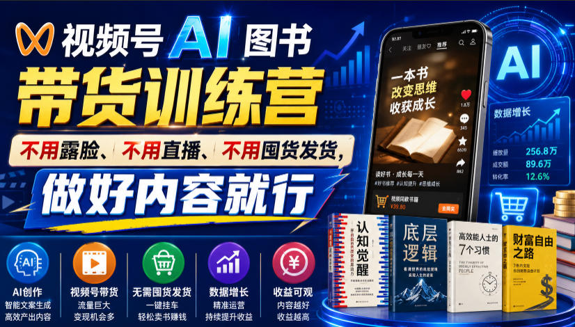视频号AI图书带货训练营，不用露脸、不用直播、不用囤货发货，做好内容就行，一条爆款视频佣金8942-孔明聊项目